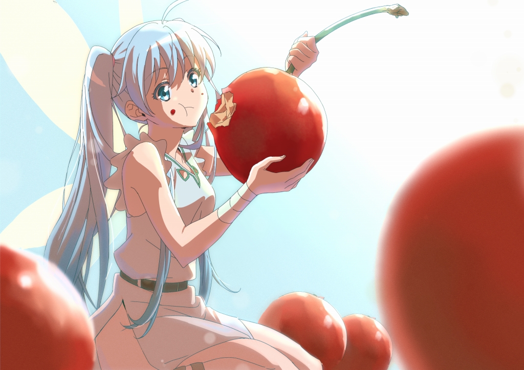 ahoge ankle_cuffs bangs bare_legs bare_shoulders belt benriya_saitou-san_isekai_ni_iku blue_eyes blue_hair blue_sky blurry breasts cherry commentary depth_of_field dress eating fairy fairy_wings food food_on_face frills fruit grey_dress hair_between_eyes holding holding_food kneeling lafanpan lens_flare messy_hair no_nose randorii shadow side_slit size_difference sky small_breasts twintails wings wrist_cuffs