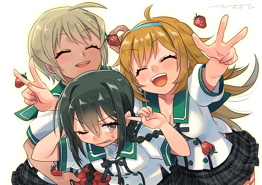 3girls black_hair blonde_hair closed_eyes dark-skinned_female dark_skin ensemble_girls! food fruit green_sailor_collar hisayoshi_(hisa) hitaki_mashiro kimisaki_school_uniform long_hair midori_fumi multiple_girls natsume_hibiki orange_hair plaid plaid_skirt sailor_collar school_uniform shirt short_hair short_sleeves skirt strawberry white_background white_shirt