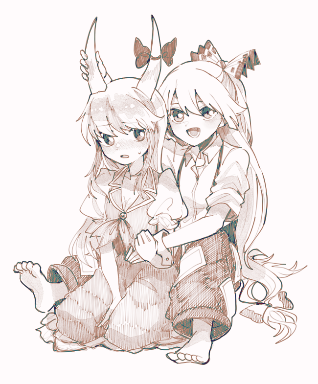 2girls :d arm_support arm_up baggy_pants bangs barefoot between_legs blush bow collared_shirt dot_nose dress eyebrows_hidden_by_hair flustered fujiwara_no_mokou full-face_blush full_body furrowed_brow hair_between_eyes hair_bow half_updo hand_between_legs hand_up hatching_(texture) holding_another's_wrist horn_bow horn_grab horn_ornament horns hug hug_from_behind itomugi-kun kamishirasawa_keine linear_hatching long_hair looking_at_another low-tied_long_hair lower_teeth_only monochrome multiple_girls neckerchief no_headwear ofuda ofuda_on_clothes open_mouth pants puffy_pants puffy_short_sleeves puffy_sleeves sepia sepia_background shirt short_sleeves simple_background sitting sleeves_rolled_up smile suspenders sweat teeth toes touhou very_long_hair wing_collar wrist_cuffs