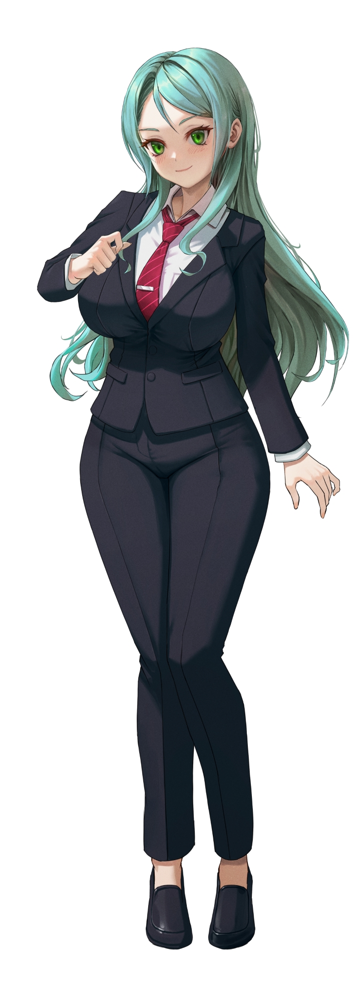 1girl aqua_hair arm_at_side bang_dream! bangs black_footwear black_jacket black_pants black_suit blush breasts closed_mouth collared_shirt commentary diagonal-striped_necktie formal full_body green_eyes hand_up highres hikawa_sayo jacket large_breasts long_hair looking_at_viewer necktie no_socks pant_suit pants red_necktie shirt shoes sidelocks simple_background smile solo standing suit swept_bangs tie_clip wavy_hair white_background white_shirt yeonrizee