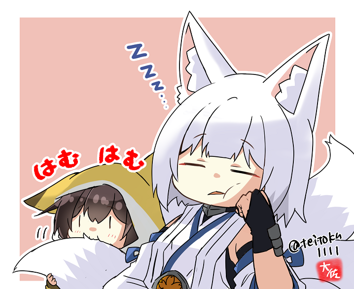 2girls alternate_costume animal_costume animal_ear_fluff animal_ears arm_support azur_lane bangs biting black_gloves black_hair blunt_bangs bridal_gauntlets closed_eyes commentary_request crossover detached_sleeves eyeshadow fox_costume fox_ears fox_girl fox_tail gloves hair_between_eyes japanese_clothes kaga_(battleship)_(azur_lane) kaga_(kancolle) kantai_collection kyuubi long_hair long_sleeves makeup multiple_girls multiple_tails name_connection short_hair sidelocks signature simple_background sleeping tail taisa_(kari) translation_request twitter_username two-tone_background white_hair wide_sleeves zzz