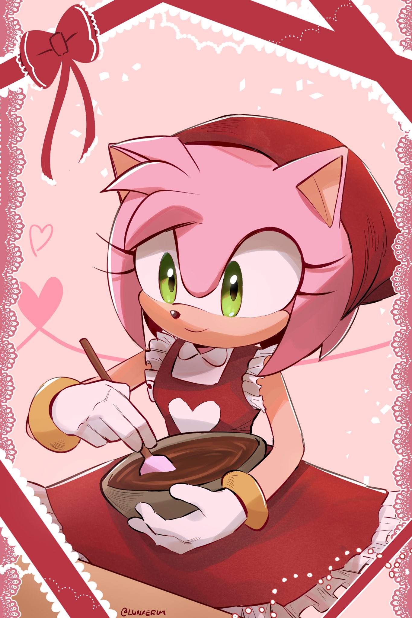 1girl amy_rose animal_ears animal_nose artist_name bow bowl bracelet breasts chocolate closed_mouth collared_shirt cooking dress english_commentary eyelashes food frills furry furry_female gloves gold_bracelet green_eyes hands_up head_scarf heart heart_print hedgehog_ears hedgehog_girl highres holding holding_bowl holding_spatula jewelry looking_down lunaerim medium_breasts pinafore_dress pink_background pink_fur red_bow red_dress red_headwear red_scarf scarf shirt simple_background sleeveless sleeveless_shirt smile solo sonic_(series) spatula standing table white_gloves white_shirt