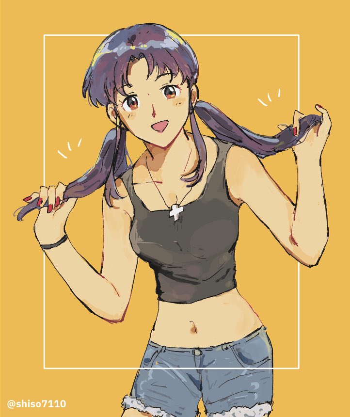 1girl blush_stickers breasts cross cross_necklace holding holding_hair jewelry katsuragi_misato nail_polish navel necklace neon_genesis_evangelion open_mouth purple_hair shiso7110 shorts solo twintails yellow_background