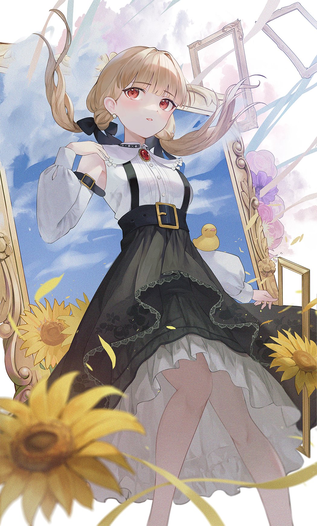 1girl arm_strap armpits bangs belt bird black_bow black_dress black_skirt blonde_hair blue_sky blunt_bangs blush bow capelet clouds detached_sleeves dress duck duckling falling_petals flower frilled_skirt frills gem hair_intakes highres jewelry kogara_toto long_hair low_twintails lupinus_virtual_games nakashima_(pluscolor) parted_lips pendant petals picture_frame pink_flower pleated_shirt puffy_sleeves purple_flower red_eyes red_gemstone shirt skirt sky sleeveless sleeveless_shirt solo sunflower suspender_skirt suspenders twintails virtual_youtuber vspo! white_background white_capelet white_flower white_skirt