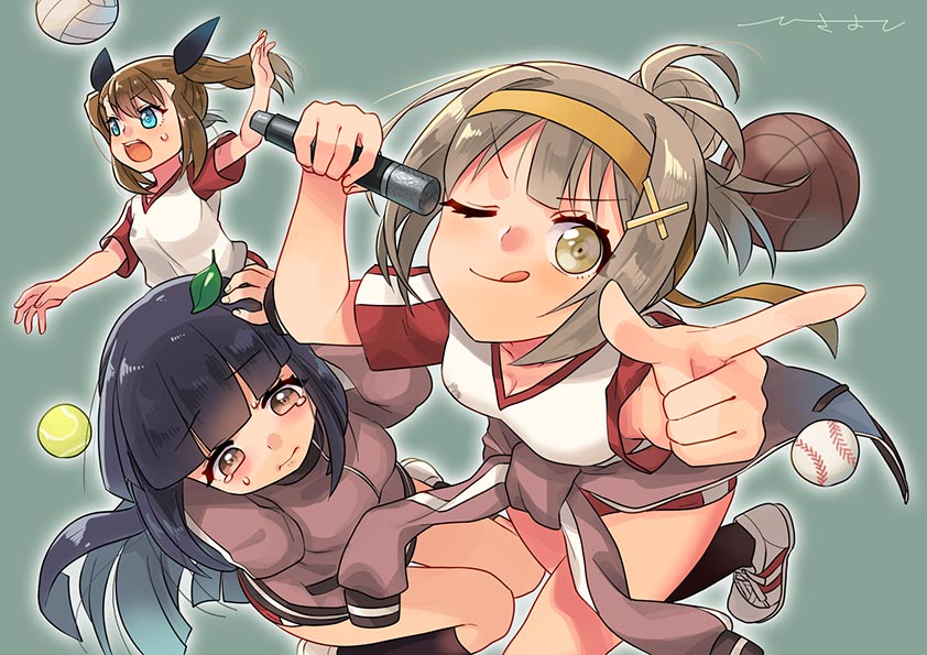 3girls aino_aika aqua_background ball basketball black_hair blue_eyes brown_eyes brown_hair ensemble_girls! hisayoshi_(hisa) light_brown_hair long_hair looking_at_viewer maruko_misaki multiple_girls nekozuka_mike one_eye_closed pointing pointing_at_viewer tearing_up tennis_ball twintails volleyball yellow_eyes