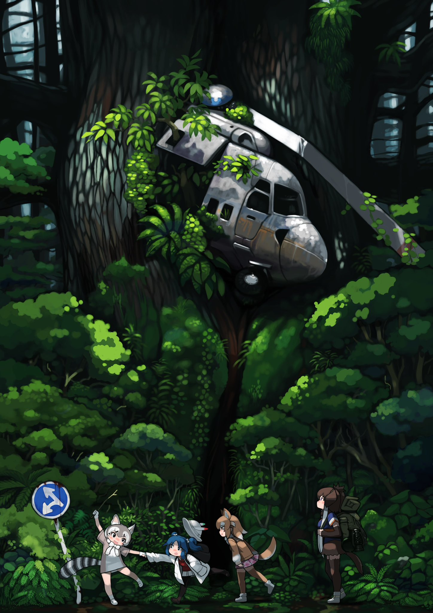 4girls aircraft animal_ears backpack bag blue_hair brown_hair detached_sleeves forest from_side full_body gloves height_difference helicopter highres holding_hands japanese_wolf_(kemono_friends) kemono_friends labcoat long_hair long_sleeves looking_at_another looking_at_object looking_up mammoth_(kemono_friends) multiple_girls nature overgrown pantyhose pulling ringtail_(kemono_friends) rinx road_sign scenery shirt shoes sign skirt tail thigh-highs tree two_side_up walking wolf_ears wolf_girl wolf_tail