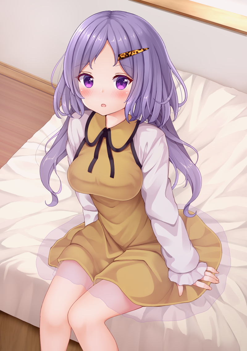 1girl bed blush breasts dress feet_out_of_frame floor hair_ornament hairclip indoors long_hair long_sleeves medium_breasts open_mouth purple_hair sitting solo suigetsu_(watermoon-910) touhou tsukumo_benben violet_eyes yellow_dress