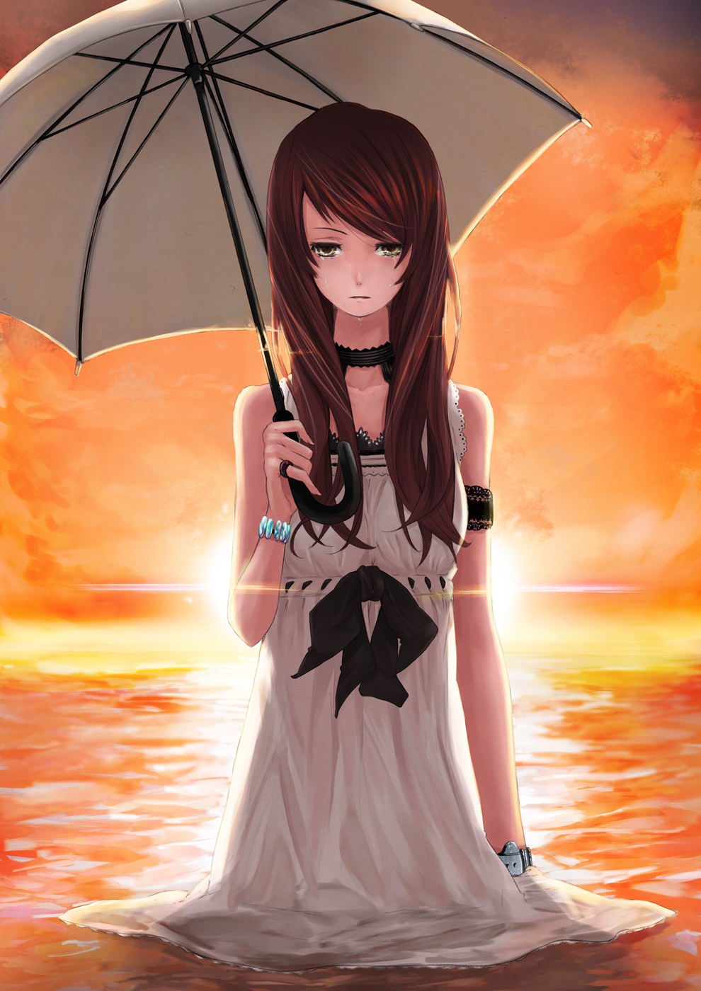 brown_hair dress highres long_hair mille mirre original solo sunset tears umbrella water yellow_eyes