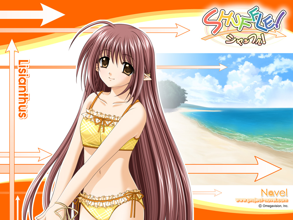 bare_shoulders beatch blush brown_hair elf elf_ears girl lisianthus long_hair midriff navel ribbon shuffle sia smile solo swimsuit wallpaper water yellow_eyes