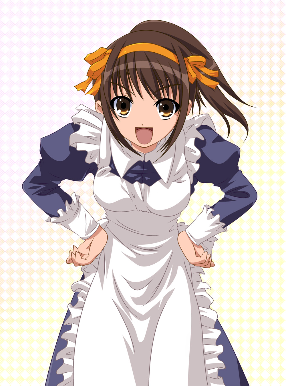 hands_on_hips highres leaning_forward maid ponytail short_hair suzumiya_haruhi suzumiya_haruhi_no_yuuutsu