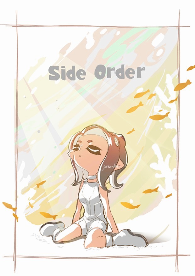 1girl bare_arms bare_shoulders bodysuit boots breasts brown_hair choker closed_eyes coral medium_breasts octoling octoling_girl pointy_ears school_of_fish sitting sleeveless sleeveless_bodysuit solo splatoon_(series) splatoon_3 splatoon_3:_side_order suction_cups tentacle_hair wariza white_bodysuit white_choker white_footwear yellow_background yellow_sky you_ha