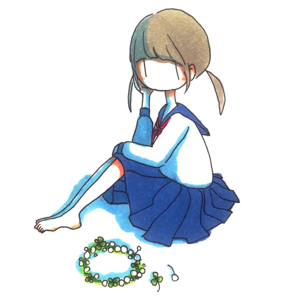1girl bangs barefoot blue_sailor_collar blue_skirt brown_hair clover commentary flower flower_wreath from_side full_body head_wreath_removed knees_up legs_together long_sleeves looking_at_viewer looking_to_the_side low_twintails medium_hair neckerchief original pleated_skirt red_neckerchief sailor_collar sailor_shirt school_uniform serafuku shirt sidelocks simple_background sitting skirt solo tokunaga_aoi traditional_media twintails white_background white_flower white_shirt |_|