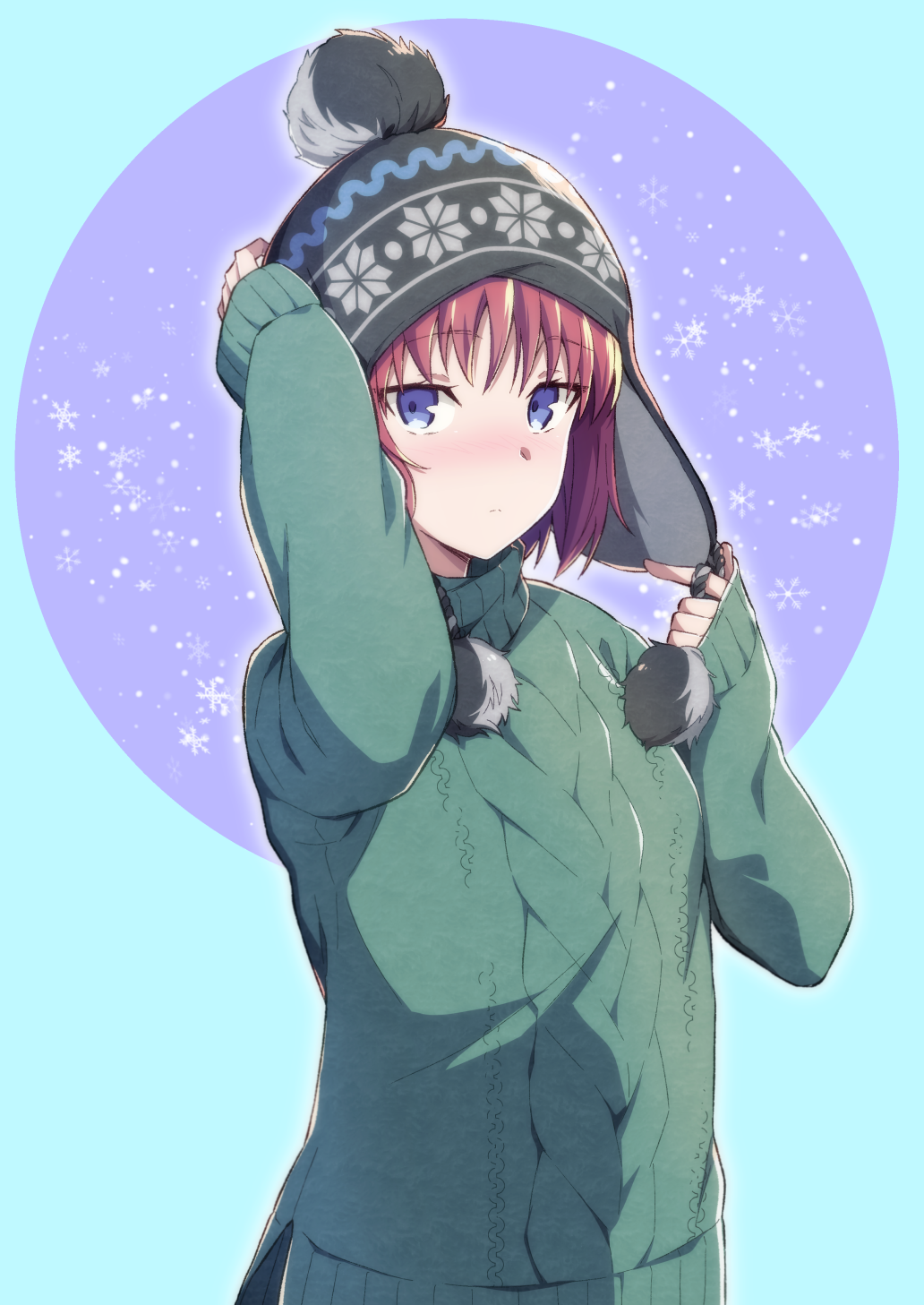 1girl alternate_costume aran_sweater azami_masurao bangs black_headwear blue_eyes blush cable_knit chullo closed_mouth commentary_request green_sweater hand_on_own_head hat highres hisui_(tsukihime) long_sleeves looking_at_viewer redhead short_hair sleeves_past_wrists solo sweater tsukihime turtleneck turtleneck_sweater winter_clothes