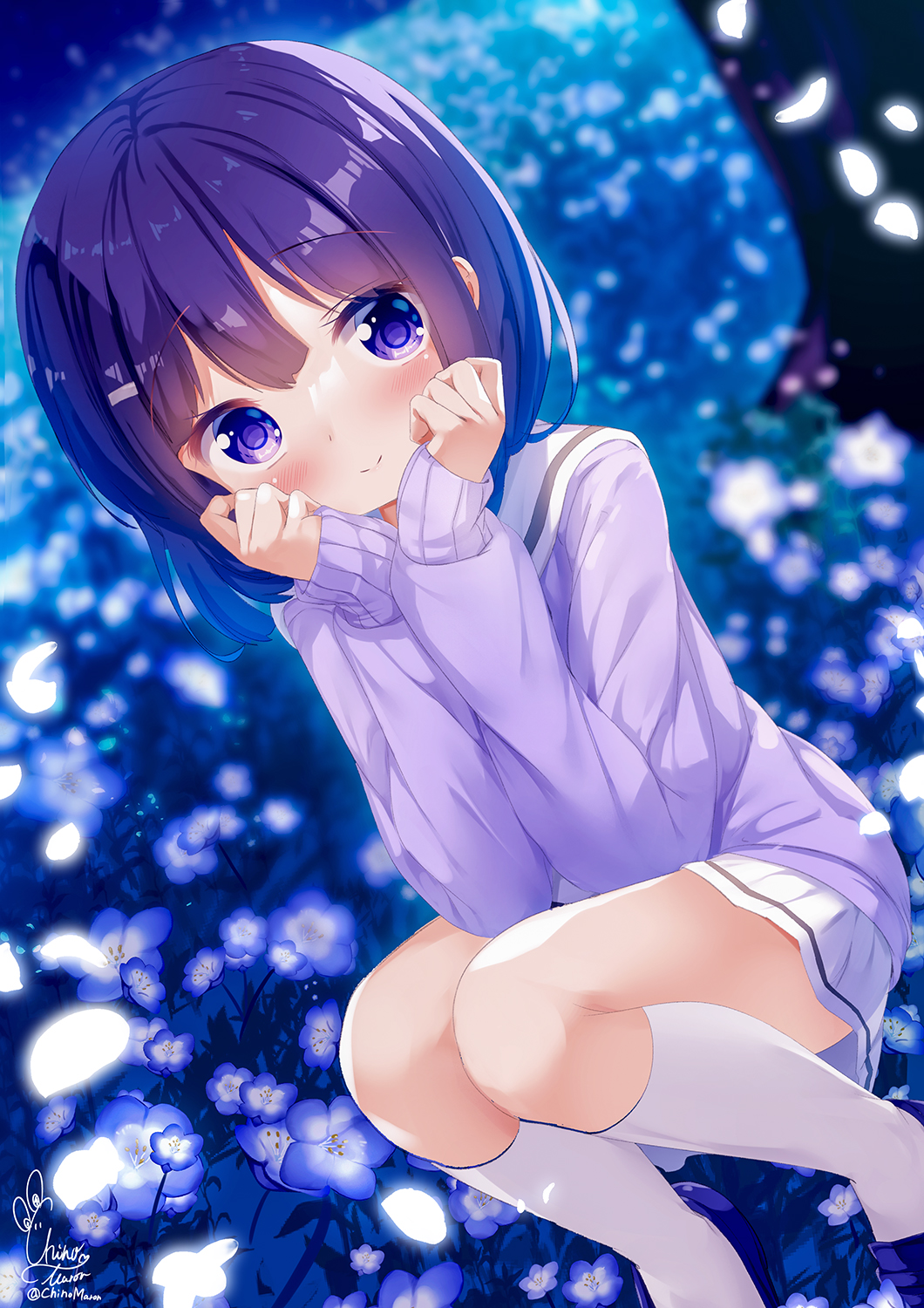 1girl bangs blue_flower blue_footwear blush chinomaron closed_mouth commentary_request feet_out_of_frame field flower flower_field fuiba_fuyu gochuumon_wa_usagi_desu_ka? hair_ornament hairclip highres kneehighs loafers long_sleeves looking_at_viewer petals pleated_skirt puffy_long_sleeves puffy_sleeves purple_hair purple_sweater sailor_collar school_uniform serafuku shoes signature skirt sleeves_past_wrists smile socks solo squatting sweater twitter_username violet_eyes white_sailor_collar white_skirt white_socks