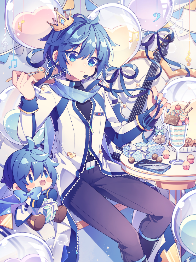 1boy balloon bangs black_pants blue_bow blue_eyes blue_hair blue_nails blue_scarf blush_stickers bow box character_doll coat commentary crown gift gift_box guitar headset heart_balloon holding holding_spoon hyou_(pixiv3677917) instrument kaito_(vocaloid) male_focus mini_crown pants parfait scarf sitting smile solo spoon symbol-only_commentary turtleneck vocaloid white_coat zipper