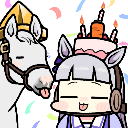 1girl bangs birthday birthday_cake blunt_bangs brown_headwear cake candle carrot chibi closed_eyes food food_on_head gold_ship_(racehorse) gold_ship_(umamusume) grey_hair happy_birthday horse horse_girl jazz_jack long_hair lowres object_on_head pillbox_hat real_life school_uniform tongue tongue_out tracen_school_uniform umamusume