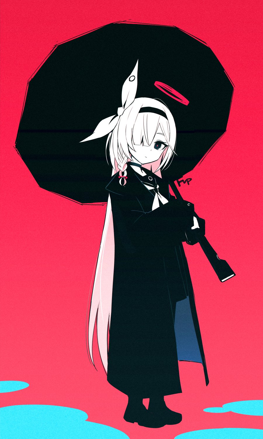1girl a.r.o.n.a_(blue_archive) bangs black_eyes blue_archive braid closed_mouth coat fpanda full_body hair_over_one_eye hair_ribbon hairband halo highres holding holding_umbrella long_hair long_sleeves looking_at_viewer neckerchief open_clothes open_coat pale_skin pleated_skirt ribbon sailor_collar school_uniform serafuku side_braid signature simple_background skirt solo standing umbrella very_long_hair