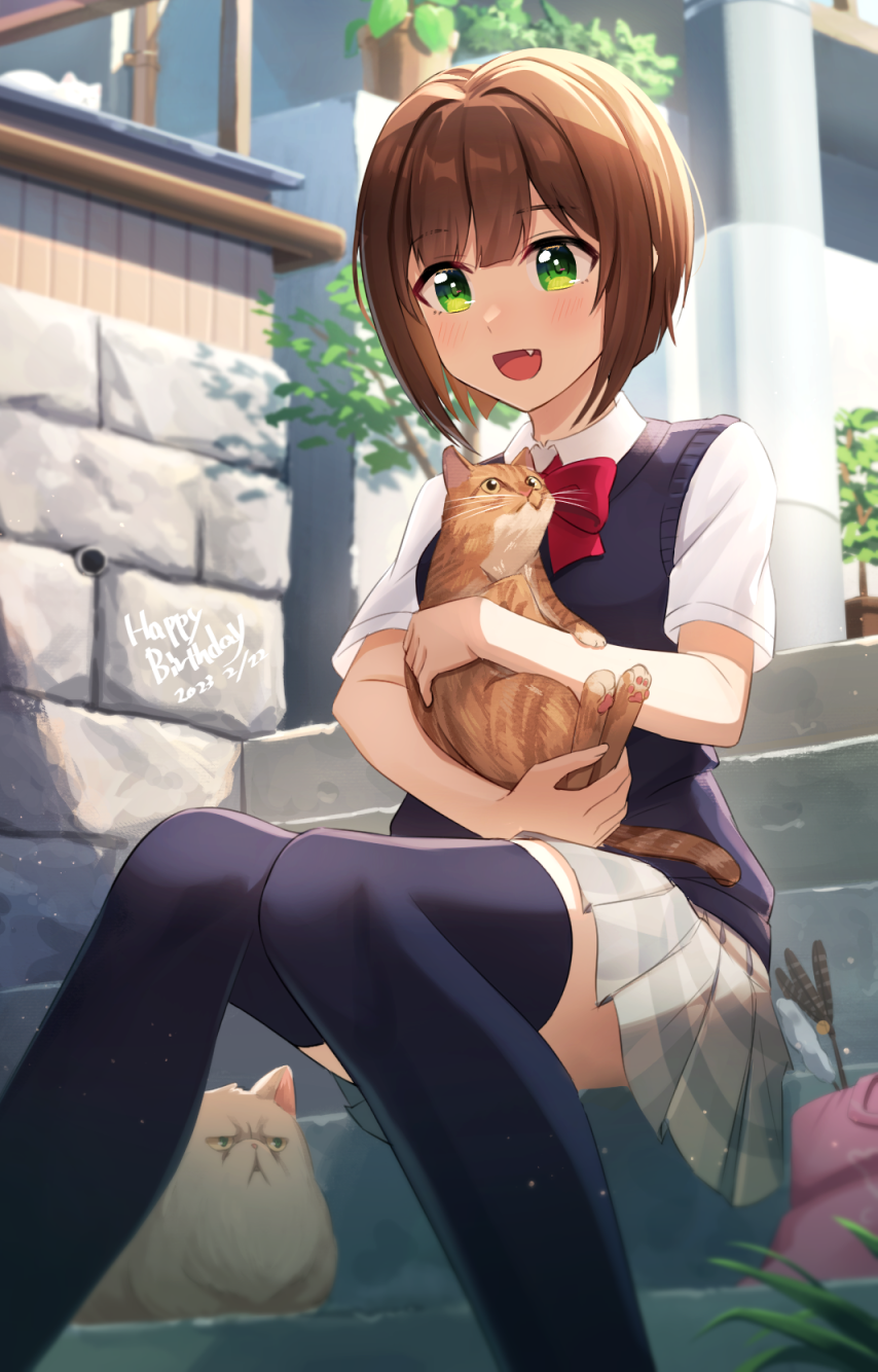 1girl :d animal bag bangs birthday black_thighhighs blue_sweater_vest blush bob_cut bow bowtie breasts brown_hair bush cat cat_teaser commentary dated dress_shirt fang foliage grass green_eyes grey_skirt happy happy_birthday highres holding holding_animal holding_cat house idolmaster idolmaster_cinderella_girls kurageso looking_ahead maekawa_miku multiple_cats on_stairs open_mouth orange_cat outdoors petting pink_bag plant pleated_skirt potted_plant red_bow red_bowtie school_uniform shirt short_hair short_sleeves sitting sitting_on_stairs skirt small_breasts smile solo stairs stone_wall sweater_vest thigh-highs wall white_cat white_shirt wooden_wall
