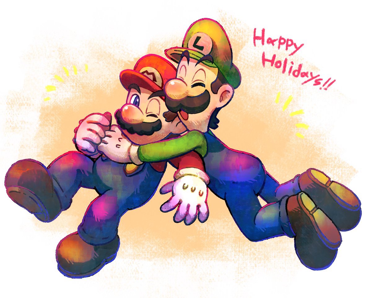 2boys blue_eyes blue_overalls boots brothers brown_footwear brown_hair closed_eyes co_co_mg english_text facial_hair gloves green_headwear green_shirt hug luigi mario multiple_boys mustache one_eye_closed open_mouth overalls red_headwear red_shirt shirt short_hair siblings super_mario_bros. white_gloves