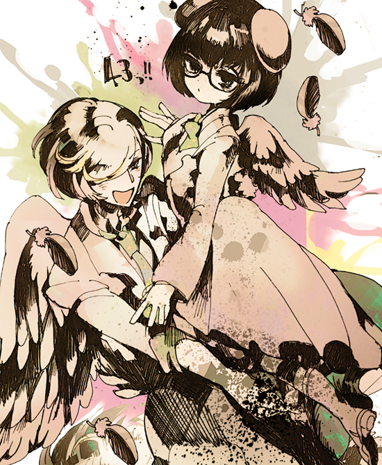 1boy 1girl candy_(robbit) closed_mouth collared_shirt dress feathered_wings feathers glasses hat long_sleeves looking_at_viewer necktie open_mouth shimiswans_(show_by_rock!!) shirt short_hair show_by_rock!! smile wings yaginupan