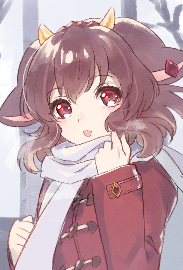 1girl animal_ears blush brown_hair coat cow_ears cow_girl cow_horns earrings headband holmy_(show_by_rock!!) horns jewelry long_sleeves looking_at_viewer mel6969 open_mouth red_coat red_eyes red_headband scarf short_hair show_by_rock!! solo white_scarf