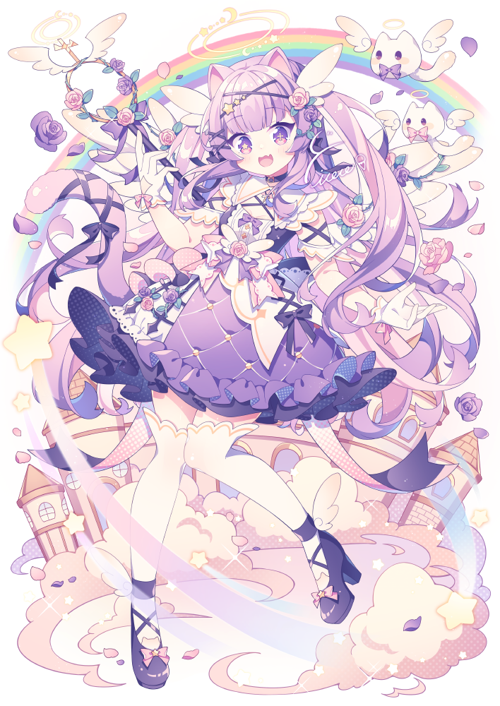 1girl animal_ears bangs blunt_bangs cat_ears cat_tail choker clouds commentary cross-shaped_pupils dress flower full_body gloves hyou_(pixiv3677917) long_hair open_mouth original purple_choker purple_dress purple_flower purple_footwear purple_hair purple_ribbon purple_rose rainbow ribbon rose smile solo spoon symbol-only_commentary symbol-shaped_pupils tail thigh-highs two_side_up violet_eyes white_gloves white_thighhighs