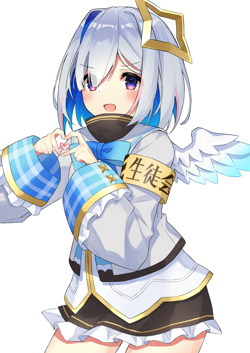 1girl :d amane_kanata angel angel_wings armband asymmetrical_bangs asymmetrical_hair bangs black_skirt blue_bow blue_bowtie blue_hair blue_wings blush bob_cut bow bowtie colored_inner_hair commentary cowboy_shot feathered_wings fragir frilled_skirt frills gradient_wings grey_hair grey_jacket hair_over_one_eye halo heart heart_hands highres hololive jacket long_sleeves looking_at_viewer mini_wings miniskirt multicolored_hair multicolored_wings open_mouth own_hands_together pink_hair plaid sailor_collar school_uniform short_hair simple_background single_hair_intake skirt smile solo star_halo streaked_hair translated v-shaped_eyebrows violet_eyes virtual_youtuber w_arms white_background white_sailor_collar white_wings wings