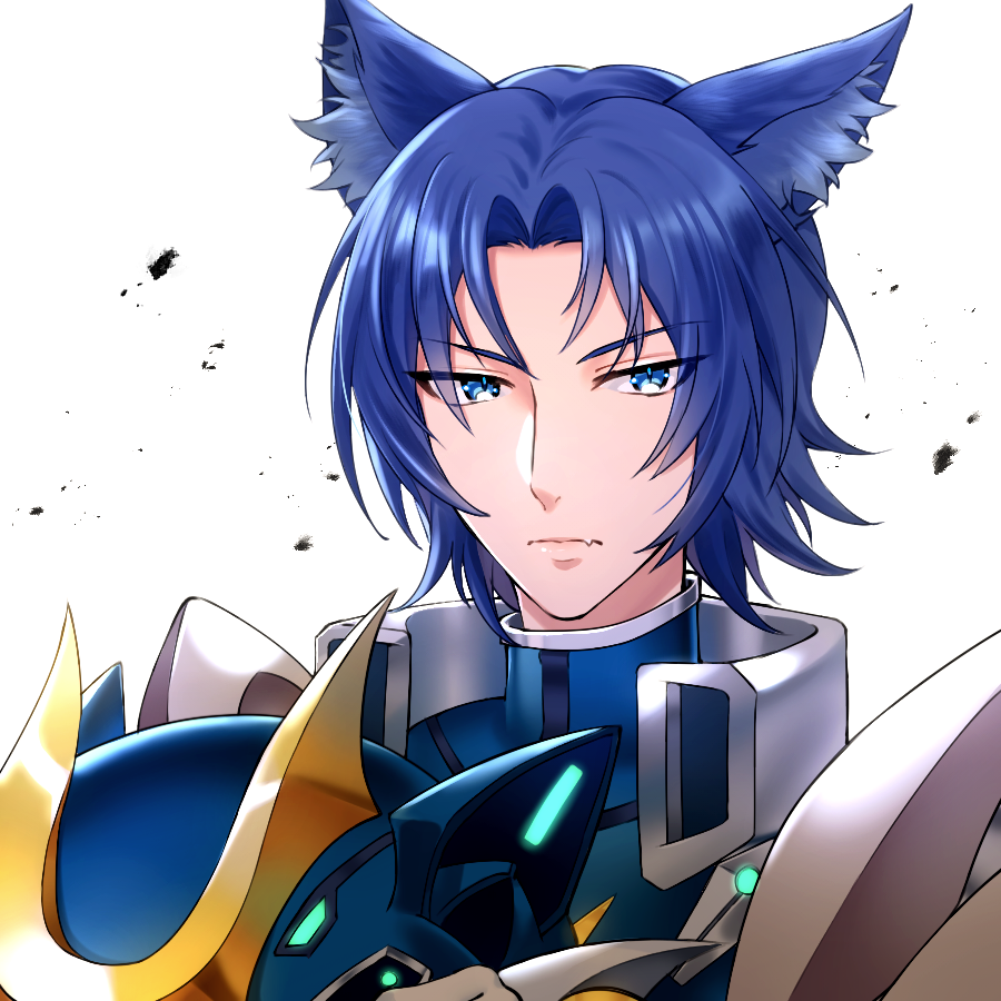 1boy animal_ears bai_blue_(show_by_rock!!) blue_eyes blue_hair closed_mouth clothing_request facing_viewer fang gloves grey_gloves helmet holding holding_helmet looking_at_viewer looking_to_the_side male_focus mel6969 short_hair show_by_rock!! skin_fang solo white_background wolf_boy wolf_ears