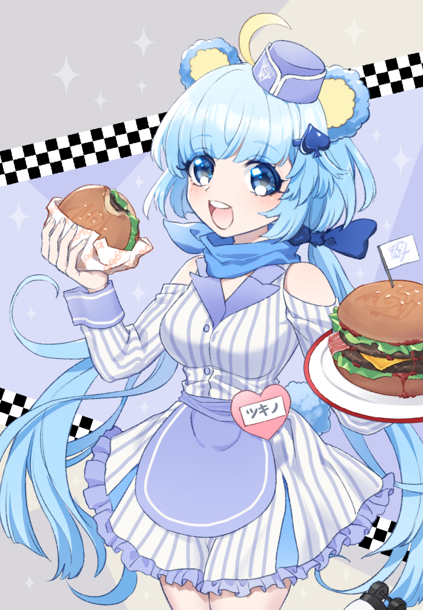 1girl animal_ears bear_ears bear_girl blue_dress blue_eyes blue_hair burger checkered_background dress food grey_background hat highres holding holding_tray long_hair looking_at_viewer mel6969 open_mouth short_sleeves show_by_rock!! smile solo striped striped_dress teeth tray tsukino_(show_by_rock!!) white_dress