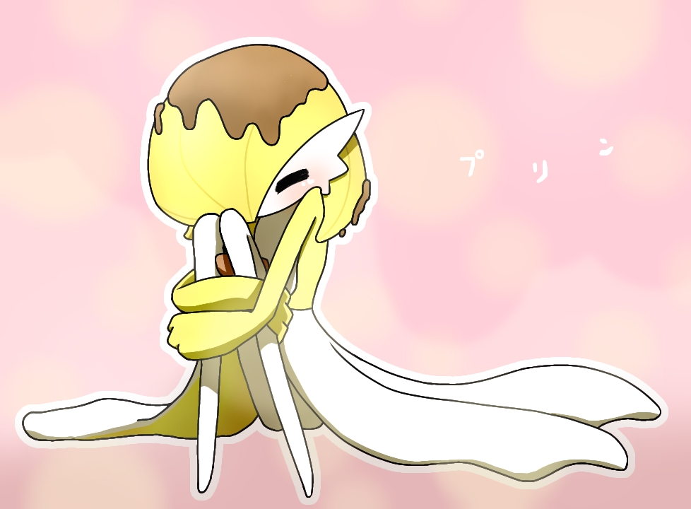 1girl =_= alternate_color alternate_shiny_pokemon bangs blonde_hair blush bob_cut chocolate colored_skin commentary flat_chest food food_on_head full_body gardevoir hair_over_one_eye hugging_own_legs knees_together_feet_apart knees_up multicolored_skin object_on_head one_eye_covered outline pink_background pokemon pokemon_(creature) short_hair simple_background sitting solo translated two-tone_skin white_outline white_skin yellow_skin yuri_(pixiv_76483886)