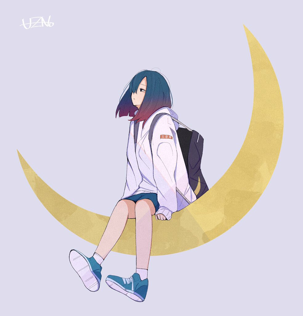 1girl arm_support backpack bag bangs blue_hair closed_mouth copyright_request crescent_moon expressionless full_body gradient_hair grey_background hair_over_one_eye hood hoodie looking_afar looking_to_the_side medium_hair moon multicolored_hair original shoes signature simple_background sitting sleeves_past_wrists sneakers socks solo sweater uzyuzu37 white_sweater