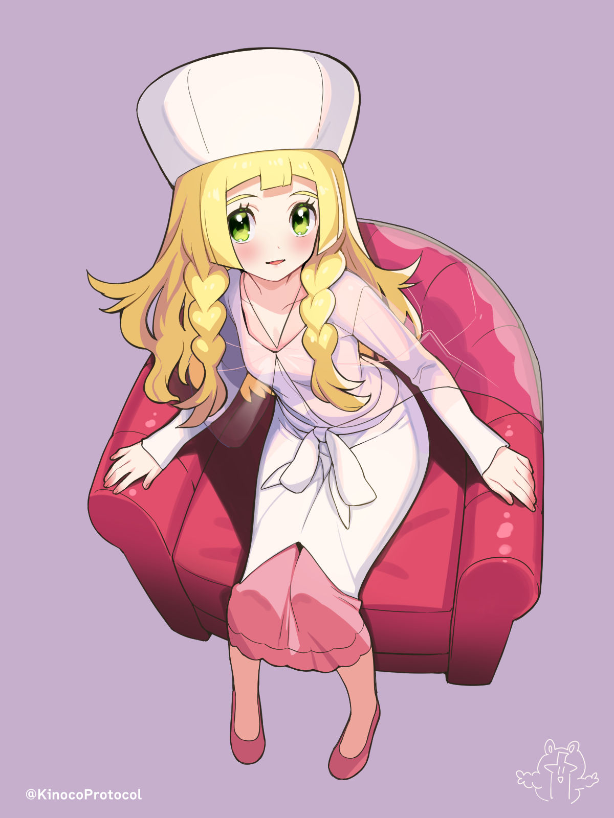 1girl armchair bangs blonde_hair blunt_bangs blush caitlin_(pokemon) caitlin_(pokemon)_(cosplay) chair collarbone commentary_request cosplay dress eyelashes green_eyes hat highres kinocopro lillie_(pokemon) long_hair long_sleeves looking_at_viewer open_mouth pink_footwear pokemon pokemon_(game) pokemon_bw pokemon_sm see-through_cape shoes sitting smile solo twitter_username watermark white_dress white_headwear