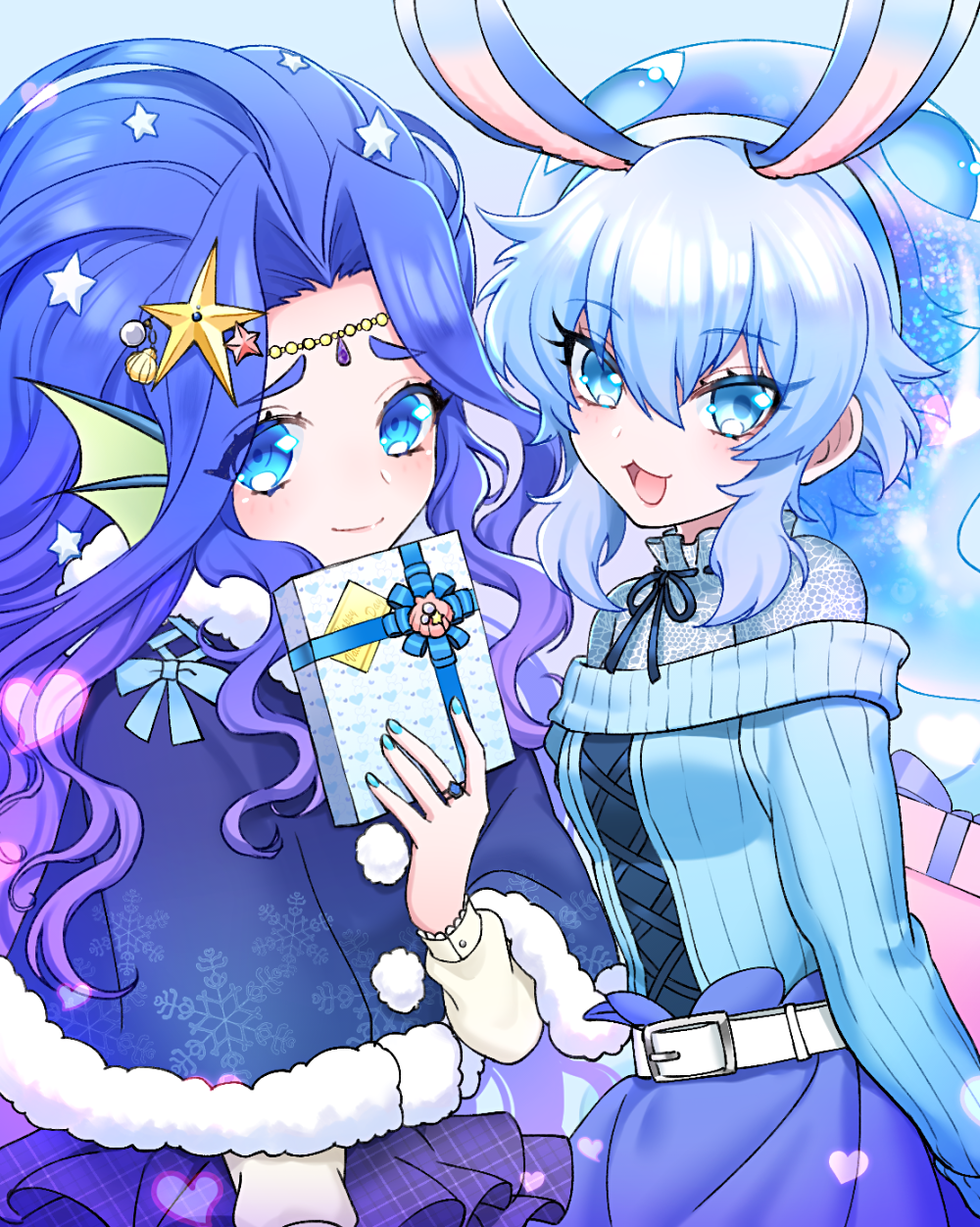 2girls animal_ears blue_eyes blue_hair box closed_mouth gift gift_box hat head_fins highres koriente light_blue_background light_blue_hair liquid_hair long_hair looking_at_viewer mel6969 mermaid monster_girl multiple_girls open_mouth rabbit_ears rabbit_girl show_by_rock!! smile wendy_(show_by_rock!!)