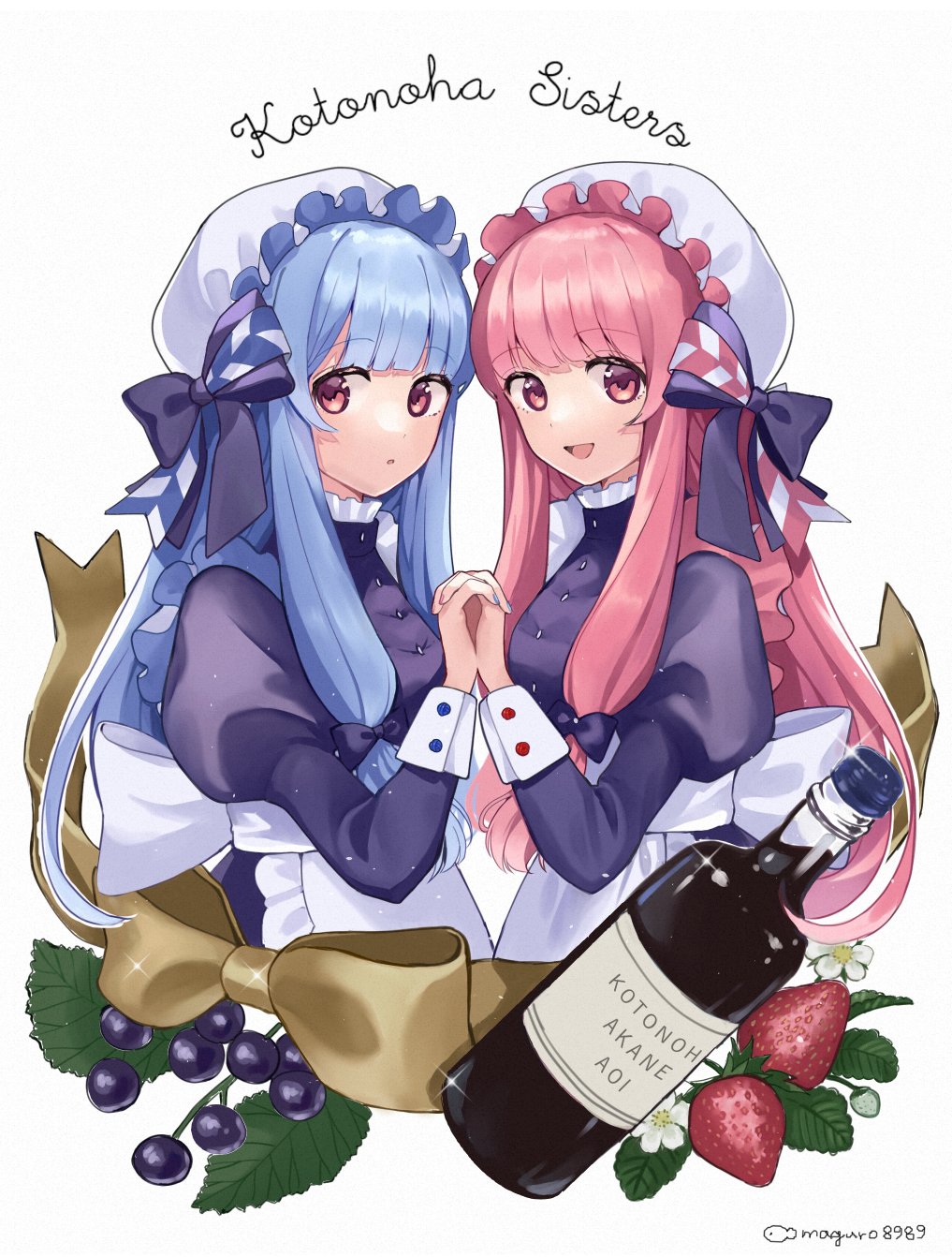 2girls alternate_costume apron artist_name bangs berry binchou_maguro black_bow black_dress blue_hair blunt_bangs bottle bow cropped_torso cursive dress english_text enmaided food from_side fruit hair_bow hat highres holding_hands interlocked_fingers juliet_sleeves kotonoha_akane kotonoha_aoi long_hair long_sleeves looking_at_viewer looking_to_the_side maid maid_apron mob_cap multiple_girls open_mouth palms_together pink_eyes pink_hair puffy_sleeves ribbon siblings sidelocks sisters smile strawberry voiceroid waist_bow white_bow wine_bottle