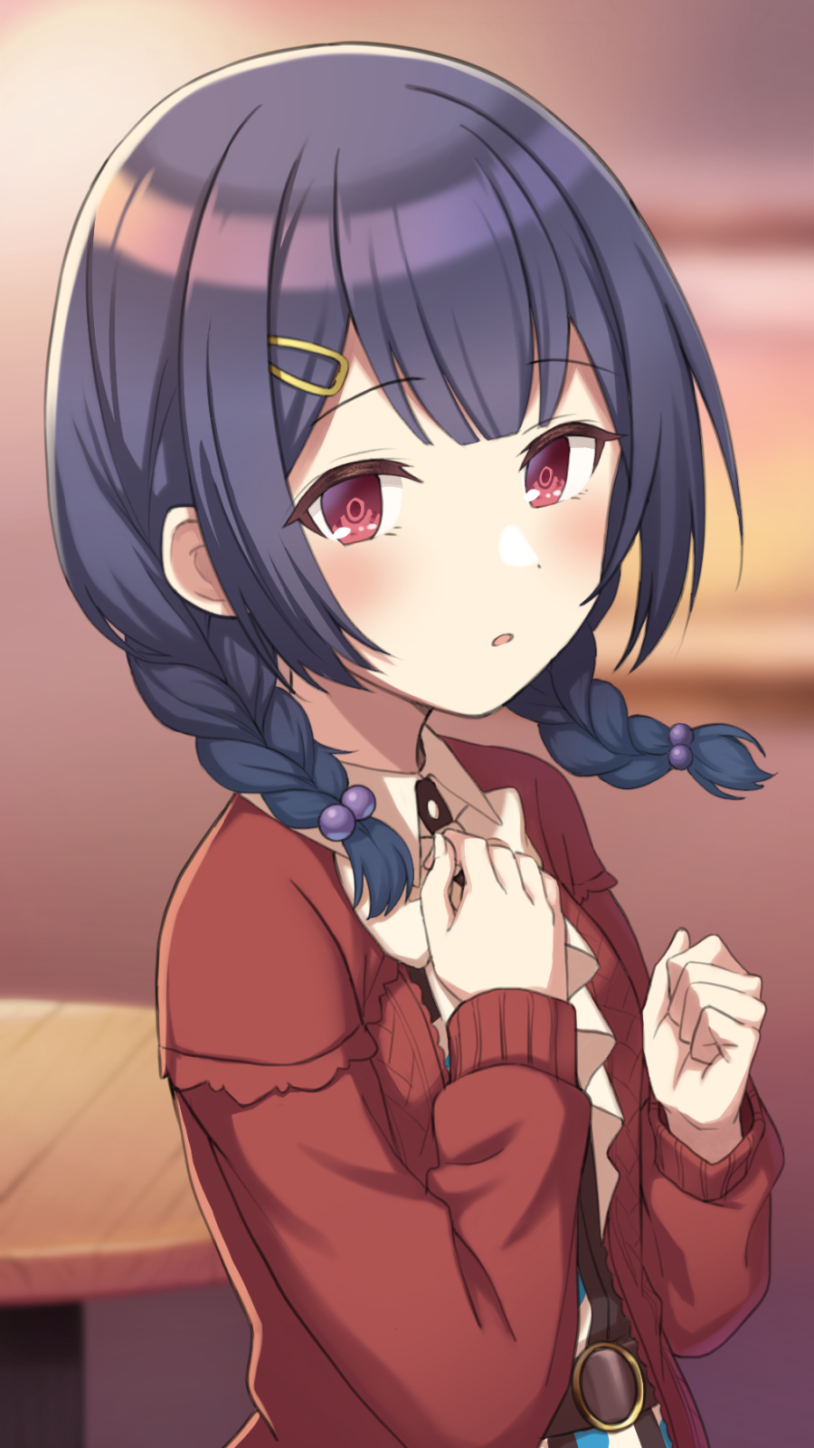 1girl bangs belt belt_buckle blue_hair blurry blurry_background blush bow braid brown_belt buckle cardigan clenched_hand collared_shirt depth_of_field dot_nose fingernails hair_bobbles hair_ornament hair_over_shoulder hairclip hand_on_own_chest highres idolmaster idolmaster_shiny_colors long_sleeves looking_at_viewer morino_rinze multicolored_shirt open_cardigan open_clothes parted_lips red_cardigan red_eyes saka_nanato shirt solo table twin_braids upper_body white_bow white_shirt wooden_table