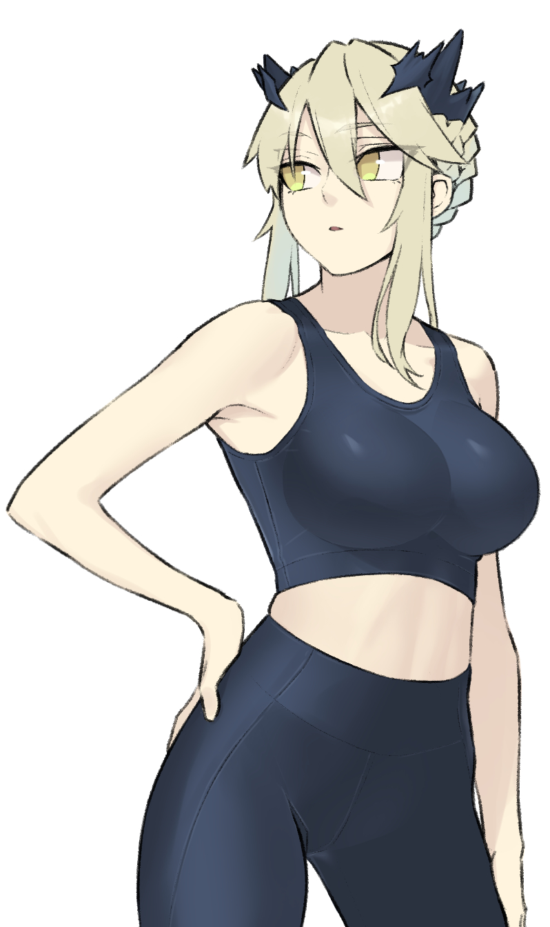 1girl artoria_pendragon_(fate) artoria_pendragon_(lancer_alter)_(fate) ayame310 blonde_hair braid breasts crop_top fate/grand_order fate_(series) hand_on_hip highres large_breasts medium_hair pants solo sports_bra white_background yellow_eyes yoga_pants