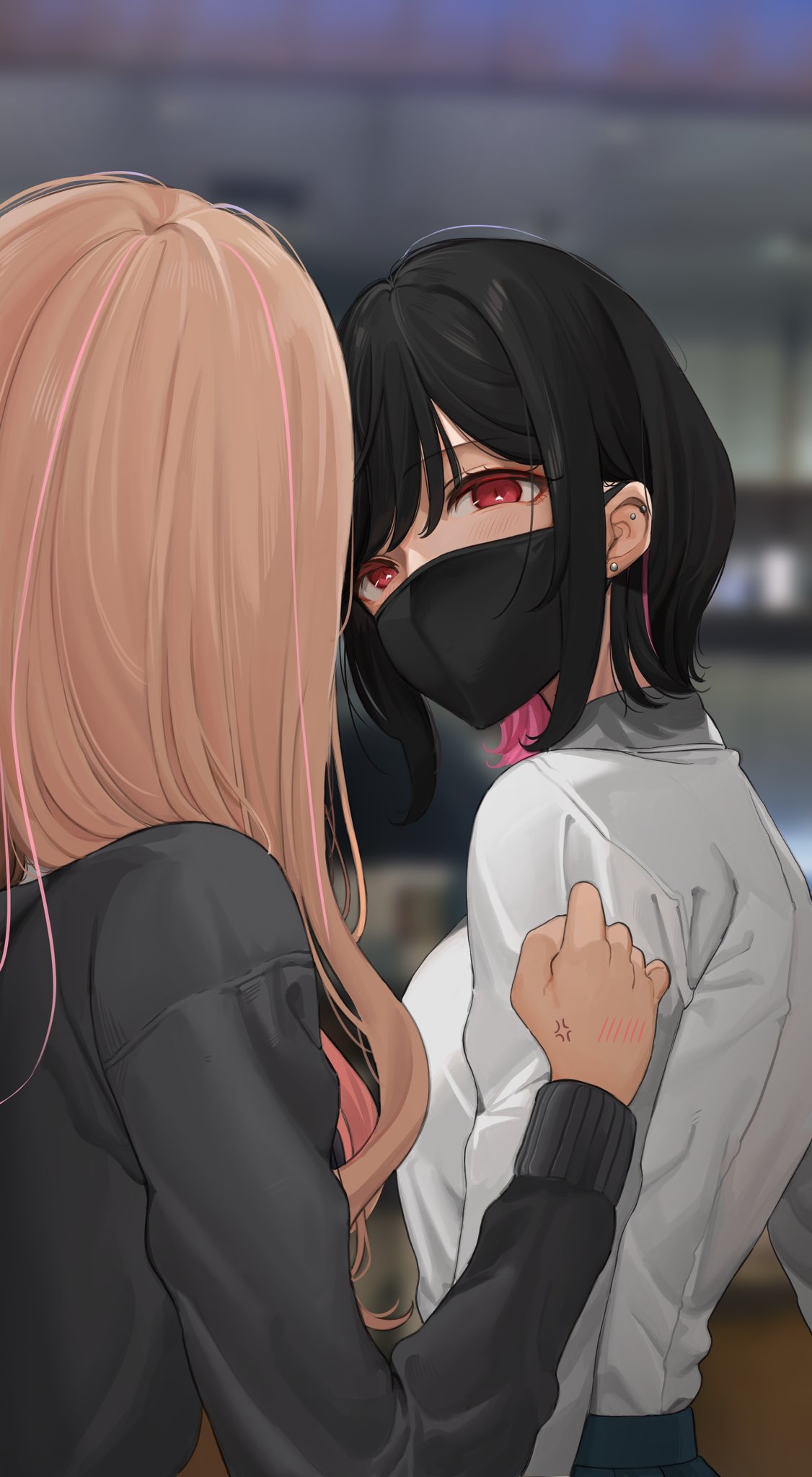 2girls anger_vein bangs black_hair black_mask black_sweater blurry blurry_background blush body_blush cafe colored_inner_hair commentary_request ear_piercing facing_away highres light_brown_hair long_sleeves looking_at_another mask mouth_mask multicolored_hair multiple_girls multiple_piercings noyama_(noyama8888) original piercing pink_hair red_eyes school_uniform shirt shirt_grab short_hair sidelocks streaked_hair sweater two-tone_hair upper_body white_shirt yuri
