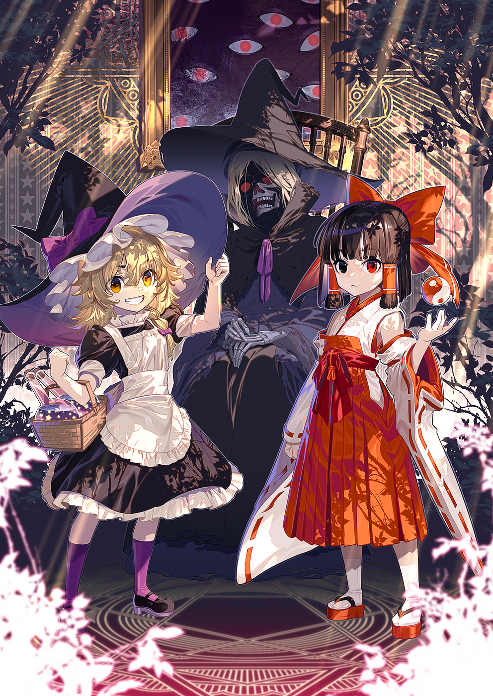 2girls apron basket blonde_hair bow braid broom full_body grin hair_bow hair_tubes hakurei_reimu hat hat_bow highres kirisame_marisa looking_at_viewer multiple_girls orb petite ribbon-trimmed_sleeves ribbon_trim single_braid skeleton skirt smile standing teeth touhou waist_apron white_apron witch_hat yellow_eyes yin_yang yin_yang_orb zounose