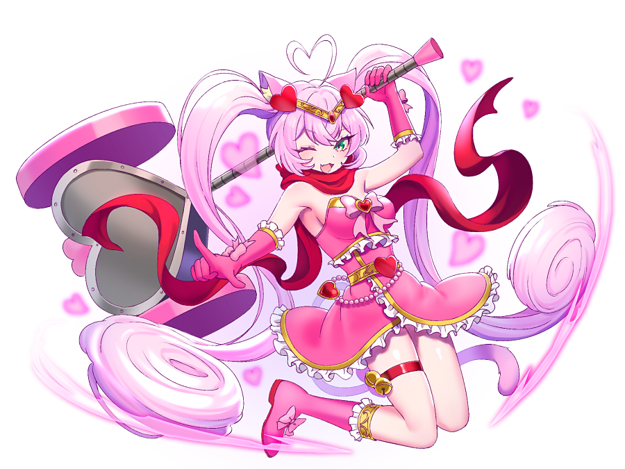 1girl ahoge animal_ears cat_ears cat_girl dress full_body gloves green_eyes heart holding holding_weapon long_hair looking_at_viewer magical_girl mel6969 one_eye_closed pink_dress pink_gloves pink_hair rosia_(show_by_rock!!) show_by_rock!! sleeveless sleeveless_dress solo thigh_strap tiara twintails weapon white_background