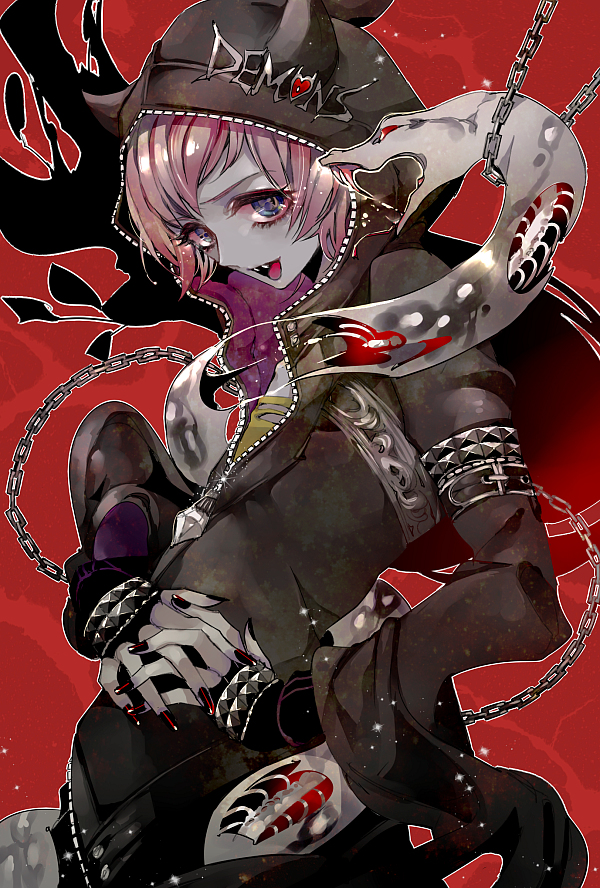 1boy black_hoodie blue_eyes demon_boy demon_horns demon_mangu hood hood_up hoodie horns long_sleeves looking_at_viewer male_focus mamaloni open_mouth pink_hair red_background red_nails short_hair show_by_rock!! smile snake solo white_snake