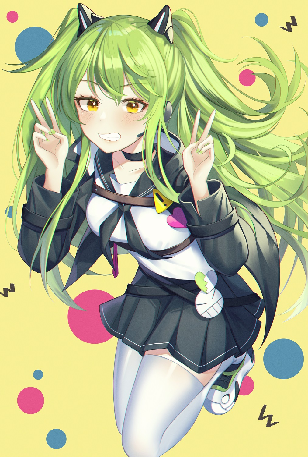 1girl black_choker black_jacket black_skirt choker commentary double_v full_body girls_frontline green_hair green_nails headset highres jacket kimi_(jxrm5387) long_hair looking_at_viewer m950a_(girls'_frontline) mod3_(girls'_frontline) nail_polish open_clothes open_jacket pleated_skirt sailor_collar shirt shoes skirt sneakers solo thigh-highs twintails two_side_up v white_shirt white_thighhighs yellow_background yellow_eyes zettai_ryouiki