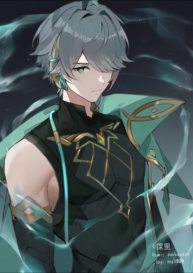 1boy alhaitham_(genshin_impact) artist_name genshin_impact grey_hair hair_over_one_eye headpiece looking_at_viewer male_focus mokusato short_hair solo