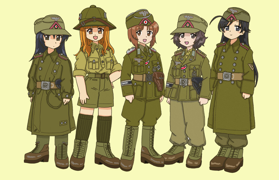 5girls :d afrika_korps ahoge akiyama_yukari arm_at_side arms_at_sides badge bangs belt belt_buckle black_eyes black_hair black_ribbon blunt_bangs boots breast_pocket brown_belt brown_eyes brown_footwear brown_hair brown_pants buckle buttons chin_strap closed_mouth coat collar_tabs collared_coat collared_shirt commentary_request cross cross-laced_footwear cuff_title epaulettes full_body garrison_cap german_text girls_und_panzer green_belt green_coat green_footwear green_headwear green_jacket green_necktie green_pants green_shorts green_socks hand_on_hip hat hat_ornament helmet holster insignia iron_cross isuzu_hana jacket lapels long_hair long_sleeves looking_at_viewer m43_field_cap messy_hair military military_hat military_jacket military_uniform multicolored_ribbon multiple_girls necktie nishizumi_miho open_mouth orange_hair pants pants_tucked_in partial_commentary pith_helmet pocket red_ribbon reichsadler reizei_mako ribbon shirt short_hair shorts simple_background sleeves_past_elbows sleeves_past_wrists sleeves_rolled_up smile socks standing takebe_saori two-tone_footwear uniform white_ribbon world_war_ii yasu_(luchs&amp;mardar)