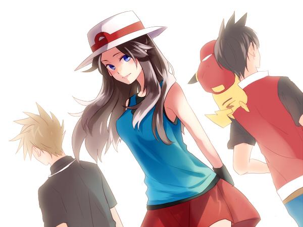 1girl 2boys blue_oak brown_hair closed_mouth clothed_pokemon commentary_request green_(pokemon) hair_flaps hat jacket long_hair looking_at_viewer marutoko45 multiple_boys on_shoulder pants pikachu pokemon pokemon_(creature) pokemon_adventures pokemon_on_shoulder red_(pokemon) red_headwear red_skirt shirt short_hair short_sleeves skirt sleeveless sleeveless_shirt smile spiky_hair white_background white_headwear