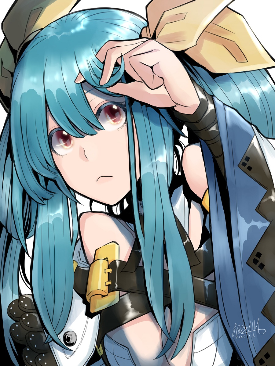 1girl adjusting_hair blue_hair bow breasts dizzy_(guilty_gear) guilty_gear guilty_gear_xrd hair_bow hair_rings highres large_breasts long_hair long_sleeves mariebell red_eyes ribbon wide_sleeves yellow_ribbon