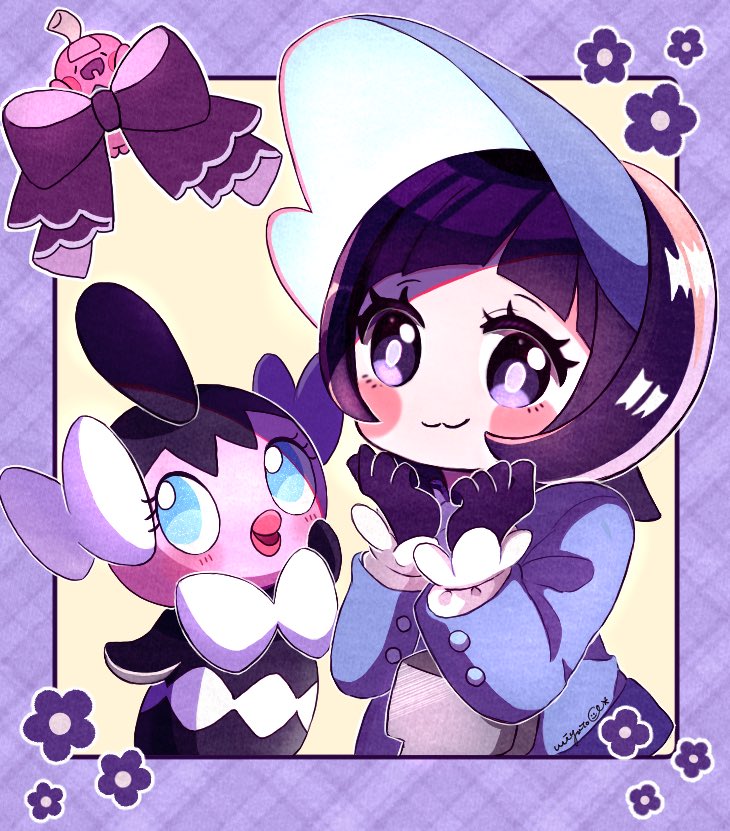 1girl :3 artist_name black_gloves black_hair blue_eyes blunt_bangs blush_stickers bonnet bow eyelashes floral_print gloves gothita grey_eyes hands_up jacket long_sleeves mochopaccho open_mouth pokemon poppy_(pokemon) purple_bow short_hair square tinkatink