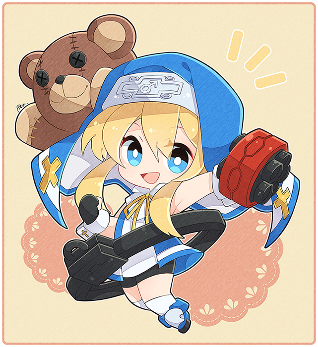 1boy bike_shorts blonde_hair blue_eyes bridget_(guilty_gear) chibi cross cuffs fingerless_gloves full_body gloves guilty_gear guilty_gear_xx habit handcuffs latin_cross looking_at_viewer male_focus mars_symbol nun open_mouth otoko_no_ko roger_(guilty_gear) short_hair_with_long_locks stuffed_animal stuffed_toy teddy_bear tokiazu yo-yo