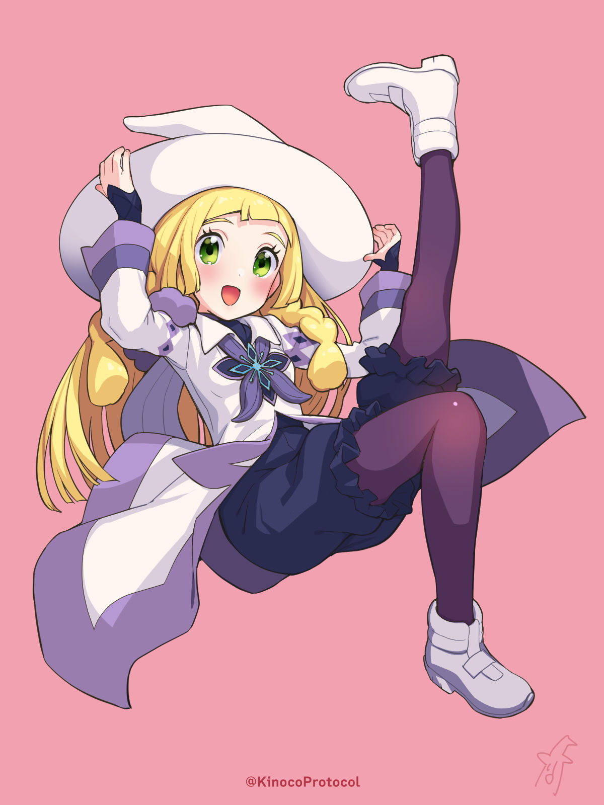 1girl :d arms_up bangs bede_(champion)_(pokemon) bede_(pokemon) bede_(pokemon)_(cosplay) blonde_hair blush boots braid coat commentary_request cosplay eyelashes frilled_shorts frills green_eyes hat highres kinocopro lillie_(pokemon) long_hair long_sleeves open_mouth pantyhose pink_background pokemon pokemon_(game) pokemon_masters_ex pokemon_sm shorts smile solo twin_braids twitter_username watermark white_coat white_footwear white_headwear witch_hat