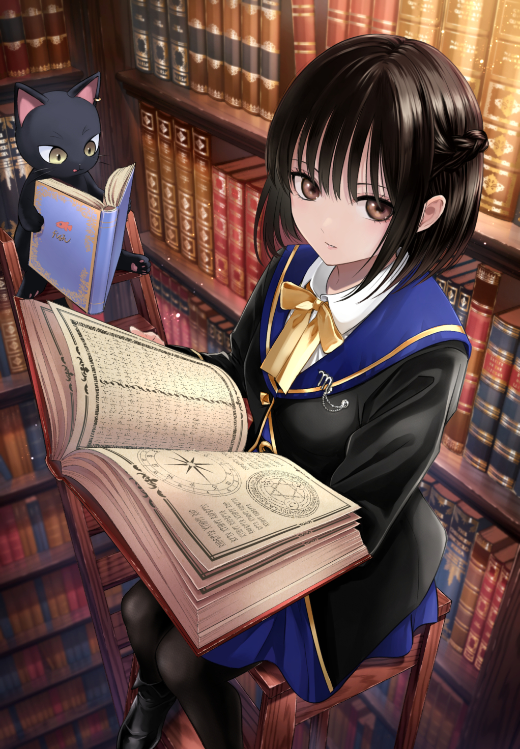 1girl animal black_cat black_footwear black_hair black_jacket black_pantyhose blue_skirt book bookshelf bow braid brown_eyes cat character_request closed_mouth collared_shirt commentary_request highres holding holding_book indoors jacket kuroneko_to_majo_no_kyoushitsu ladder looking_at_viewer natsupa official_art open_book pantyhose pleated_skirt shirt shoes sitting skirt solo white_shirt yellow_bow