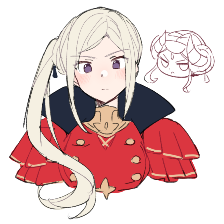 1girl :&lt; blush buttons chibi closed_mouth cropped_torso do_m_kaeru edelgard_von_hresvelg fake_horns fire_emblem fire_emblem:_three_houses high_collar horns long_hair looking_at_viewer official_alternate_hairstyle side_ponytail sidelocks simple_background solo violet_eyes white_background white_hair